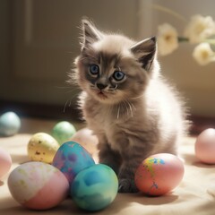 Fototapeta na wymiar beautyful sweet grey tabby Baby Cat staying in a room with flowers and looking on a couple of beautyful decorated easter eggs Generative AI
