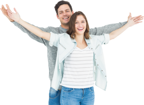 Couple embracing with arms outstretched