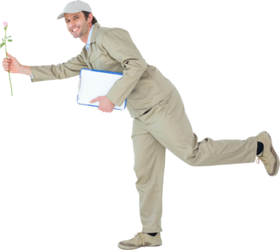 Happy delivery man with clipboard offering flower