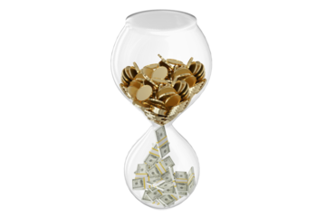 High angle view of hourglass with coins and banknotes