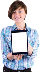 Fototapeta premium Portrait of smiling woman showing tablet computer