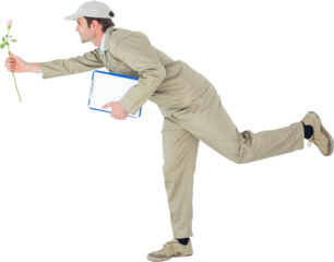 Delivery man with clipboard offering flower
