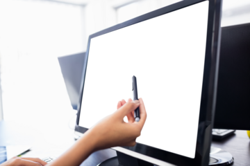  Casual businesswoman touching her computer 