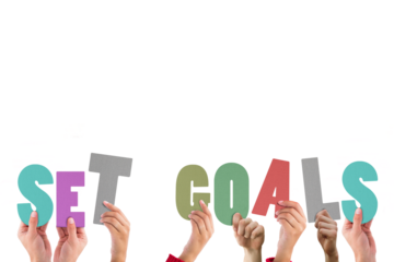 Colorful alphabet spelling set goals held up by people 