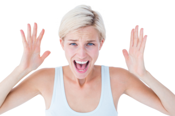 Angry blonde screaming with hands up 