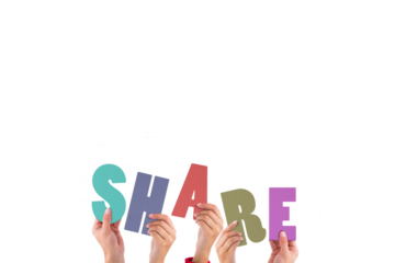 Colorful alphabet spelling share held up by people 