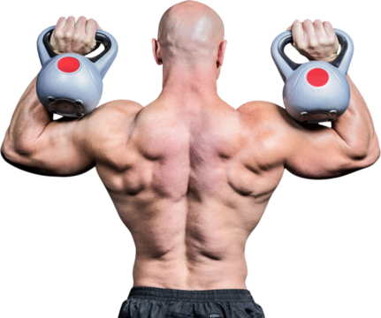 Rear view of bald man lifting kettlebells - Powered by Adobe