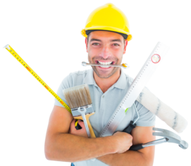 Portrait of smiling handyman holding various tools