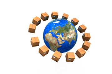 World map amidst brown cardboard boxes