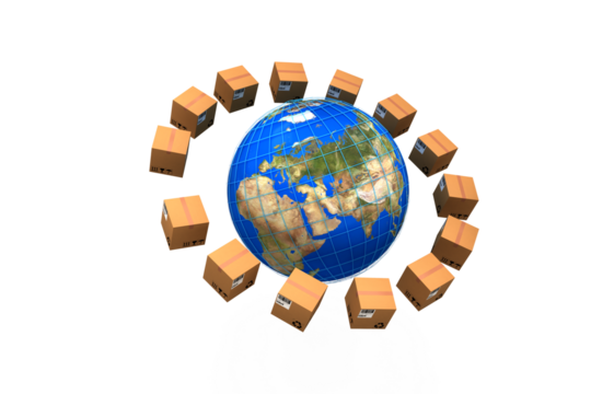 World map amidst brown cardboard boxes