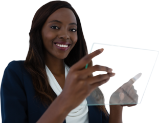 Portrait of smiling young businesswoman holding interface screen
