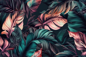 green and pink leaves on a black background. Generative AI