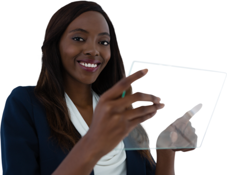 Portrait of smiling young businesswoman holding interface screen - Powered by Adobe