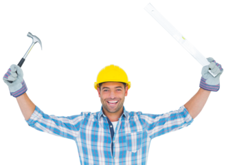 Smiling handyman holding hammer and level