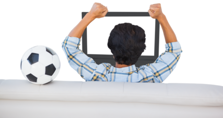 Football fan cheering while watching television