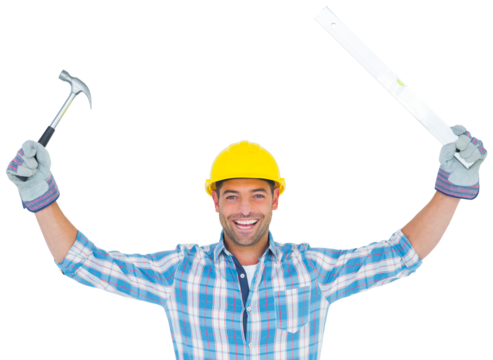 Smiling handyman holding hammer and level