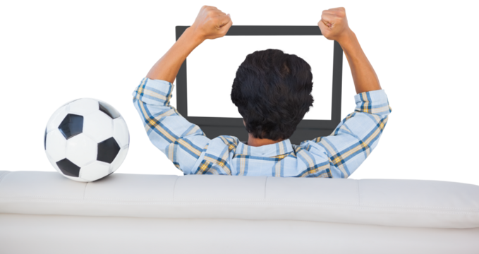 Football fan cheering while watching television