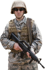 Fototapeta premium Confident military soldier standing with rifle