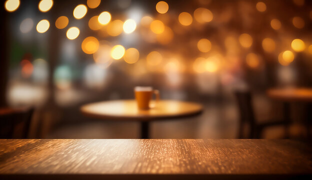 Empty wood table top on blur light soft bokeh background, Generative AI