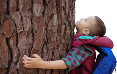Side view of boy embracing tree