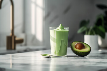 Glass with tasty avocado smoothie on marble table in the kitchen.