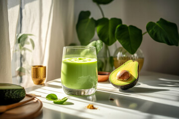 Glass with tasty avocado smoothie on marble table in the kitchen.