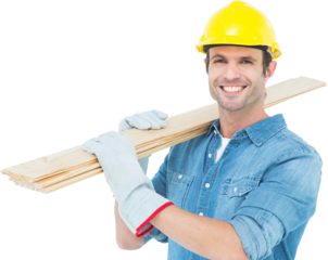 Happy carpenter carrying wooden planks