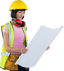 Female architect looking at blueprint against white background