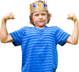 Portrait of boy flexing muscles against white backgorund