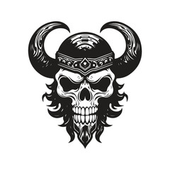 skull viking, logo concept black and white color, hand drawn illustration
