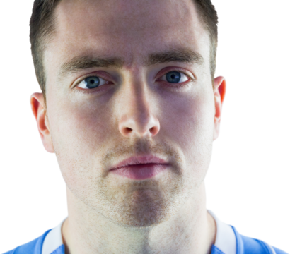 A rugby player looking at the camera