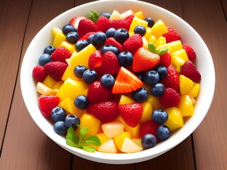 fresh fruits and berries in bowl on wooden table