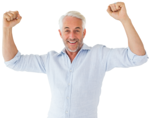 Smiling man cheering at camera