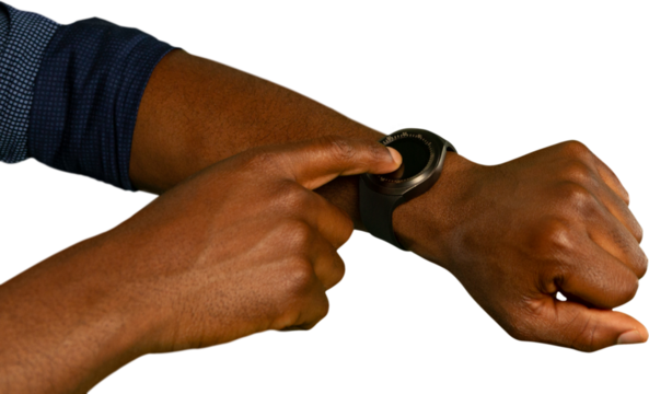 Mid-section of man using smartwatch
