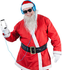Cheerful Santa Claus listening to music on mobile phone