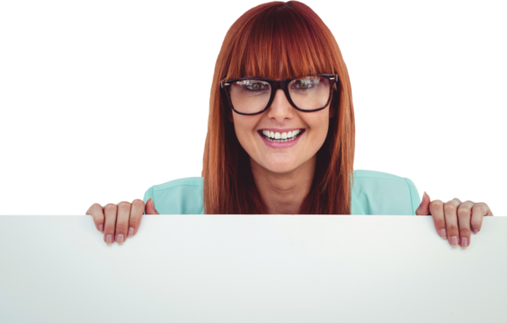 Smiling hipster woman behind a white card