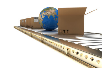 Globe amidst cardboard boxes on 3D conveyor belt