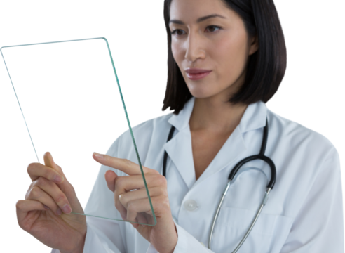 Female doctor using a glass digital tablet