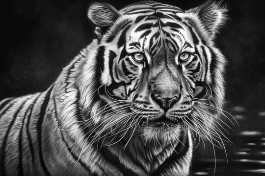 majestic tiger captured in a stunning black and white photograph. Generative AI