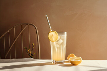 a glass of lemon juice with a straw in it and an orange slice next to it on a white table. Generative AI