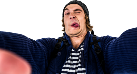 Hipster holding camera and grimacing