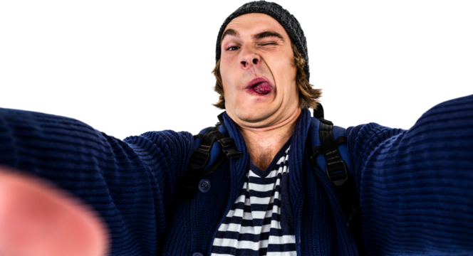 Hipster holding camera and grimacing