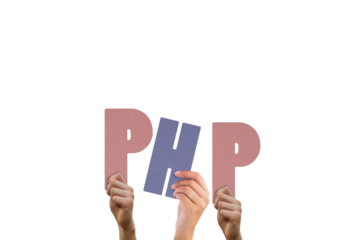 Colorful alphabet spelling PHP held up by people 