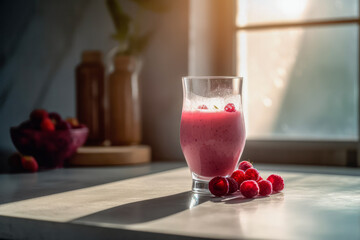 Glass with tasty raspberry smoothie on marble table in the kitchen, ai generated.