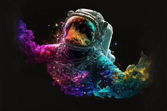 Contemporary abstract artwork of astronaut in space suit floating in deep space and iridescent fluid or smoke. Cosmic exploration or travel in state of mind concept. Superb Generative AI.