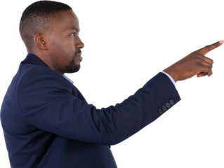 Businessman pressing an invisible virtual screen