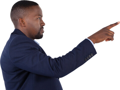 Businessman pressing an invisible virtual screen
