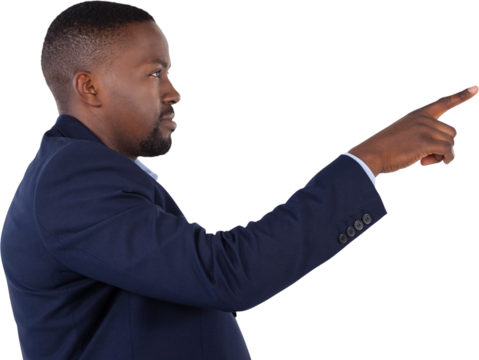 Businessman pressing an invisible virtual screen