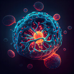 an antigen cell, with red and blue blood cells in the middle left hand side view 3d illustration stock photo. Generative AI
