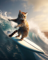 a beautiful radical cat surfing a wave, Generative AI - obrazy, fototapety, plakaty